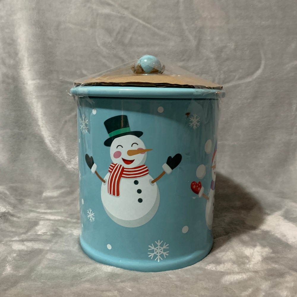 Mrs‎ Fields Snowman Ceramic Cookie Jar Blue Christmas Holiday Treat Canister Lid